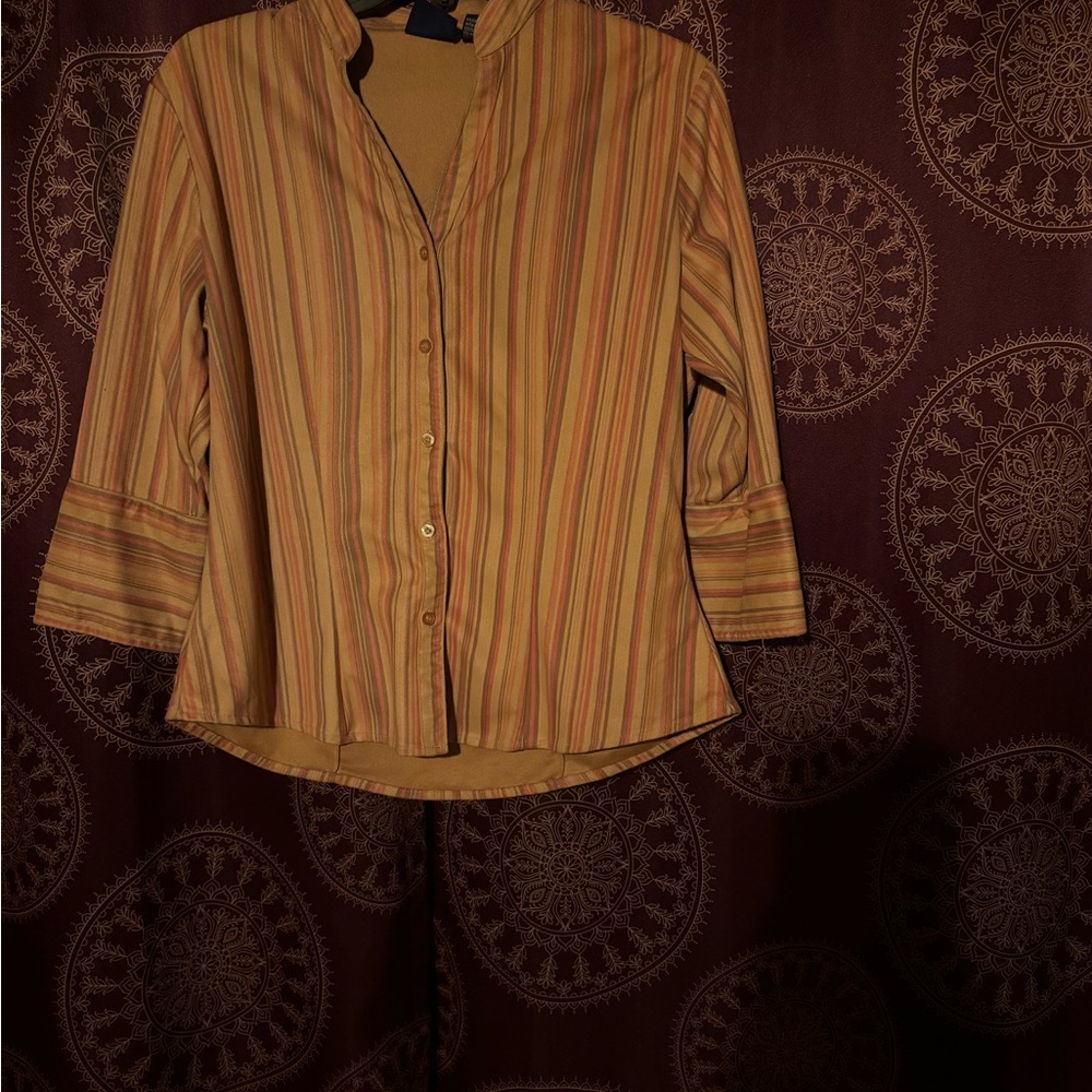 DC Women's Button Down Shirt - Mustard and Brown Stripes
